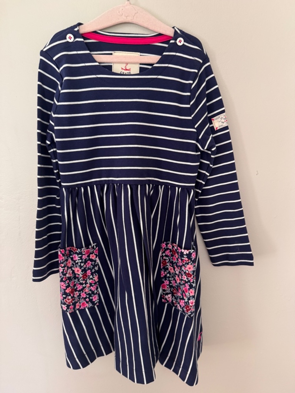 Joules Navy & White Striped Dress with Pink Floral Pockets